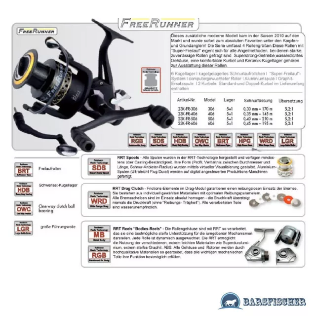 Angelrolle Robinson Freerunner, 6 Kugelllager, Freilaufrolle, Karpfenrolle, Reel 2