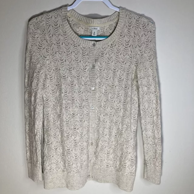 LL Bean Cardigan Sweater Womens Crochet Knit Wool Cashmere Blend Beige - Size M