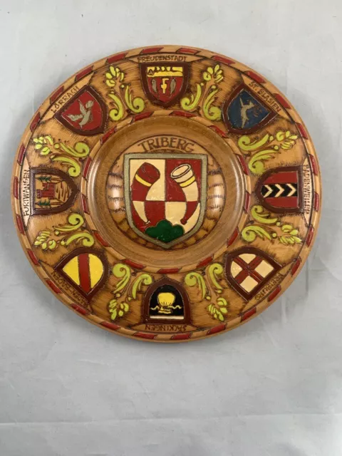 Vintage Hand Carved Hand Painted Wood Triberg Souvenir Plate Crest  9.75 In