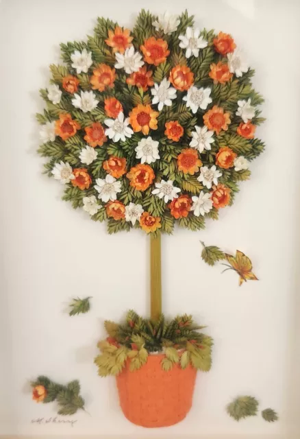 MCM Floral Topiary Tree Picture Hand Made M. Sherry Bright Orange 3D Signed