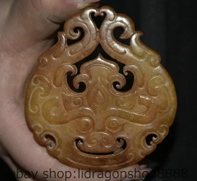 3 "Old Yellow Jade sculpture Feng Shui dragon face de la bête chute