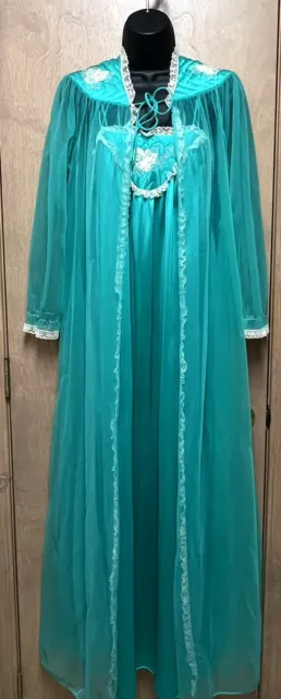Vtg Kayser Chiffon Embroidered Nightgown Robe Peignoir Set Sz S Green