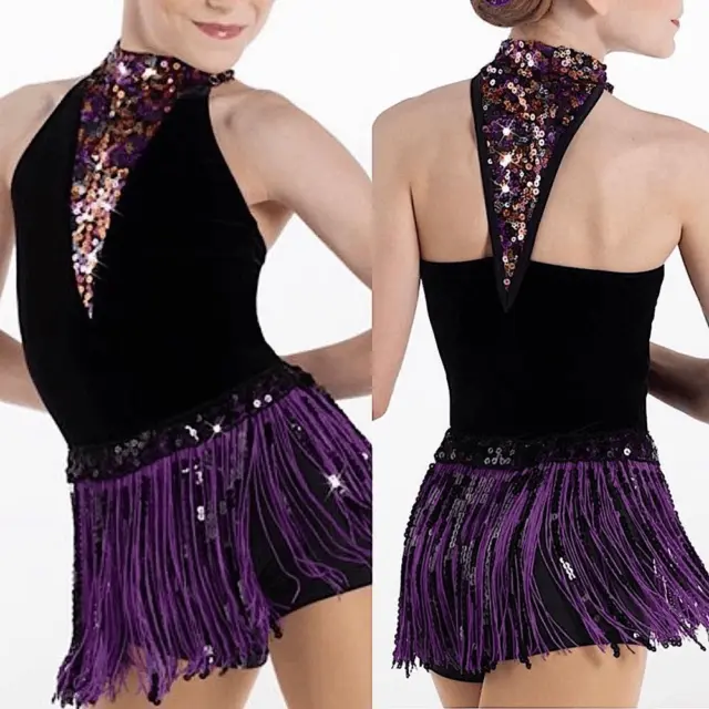 WEISSMAN Dance black purple Fringe sequins Leotard SOLO DANCE 12312 Child LC