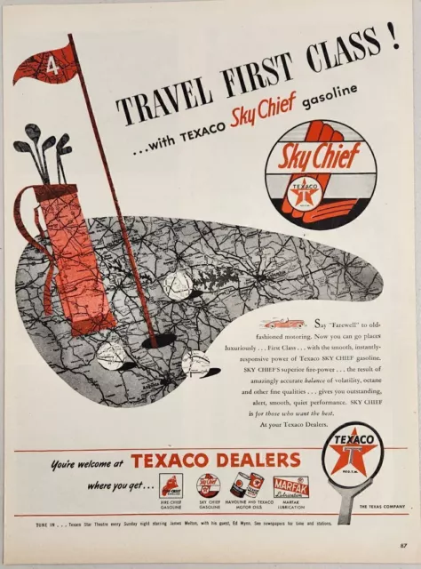 1950's Print Ad Texaco Dealers Sky Chief Gasoline Travel First Class