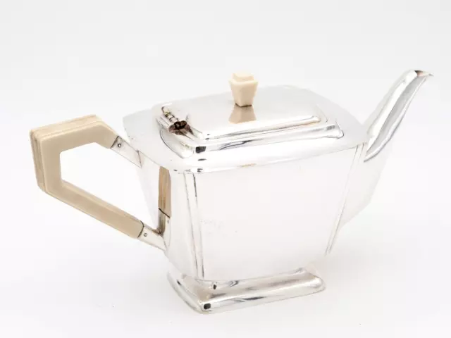 Classy Art Deco Tea Pot Silver, 21.2oz, With White Handle & Hallmarks