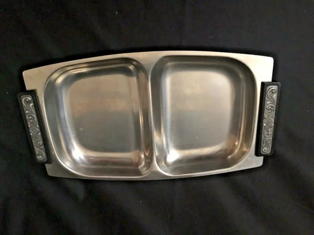 Vintage Serving Tray Stainless Steel Double-Section w Decorative Handles