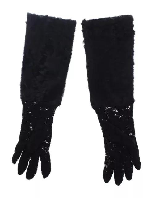 Dolce & Gabbana Black Lace Wool Lambskin Fur Elbow Women's Gloves Authentic