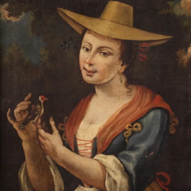 Cuadro antiguo retrato nina oleo sobre lienzo pintura italiana siglo XVIII 700