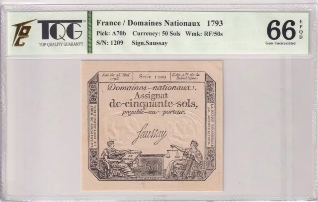 1793 France 50 Sols  Pick#A70b  66 EPQ  Gem UNC