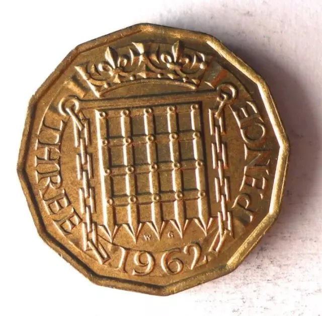 1962 GREAT BRITAIN 3 PENCE - AU - Excellent Coin - Free Ship - Bin #LC 80
