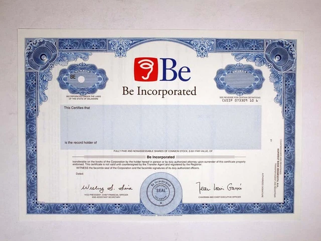 Be Incorporated, ND(1980s). Specimen Stock Cert., XF-AU. S-C USBNC