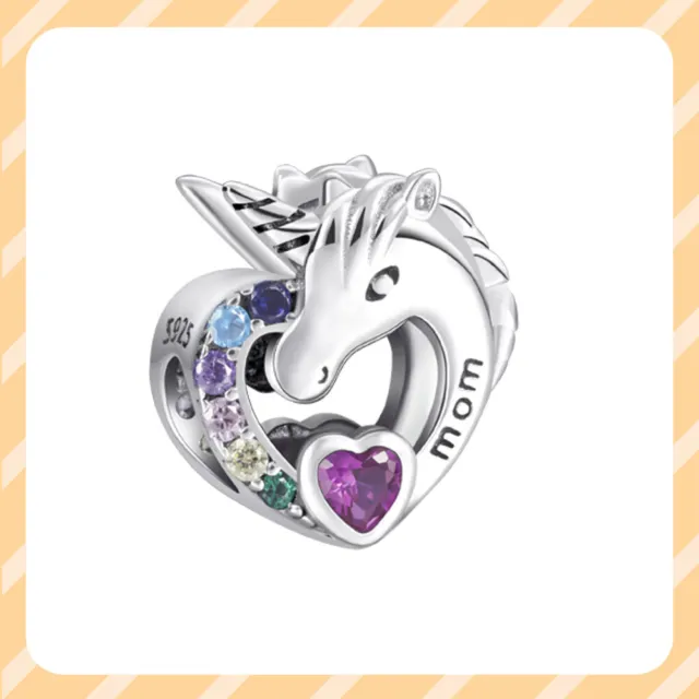 Colorful Love Unicorn Mom Heart Dangle 925 Sterling Silver Women Bracelet Charm