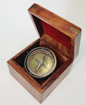 Vtg Nautical Gimbaled Compass Marine Maritime Directional Compass In Wood Box