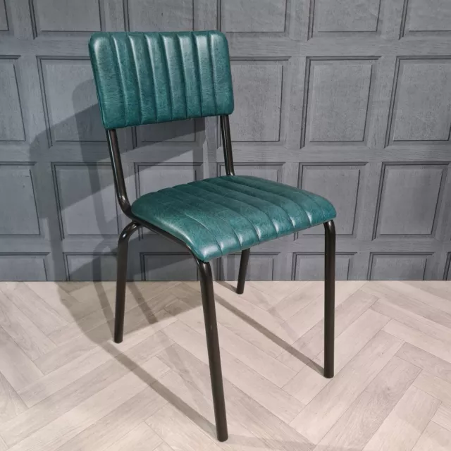 Vintage Industrial Dining Chairs, Teal Leather Look Ribbed, Metal Stackable Cafe