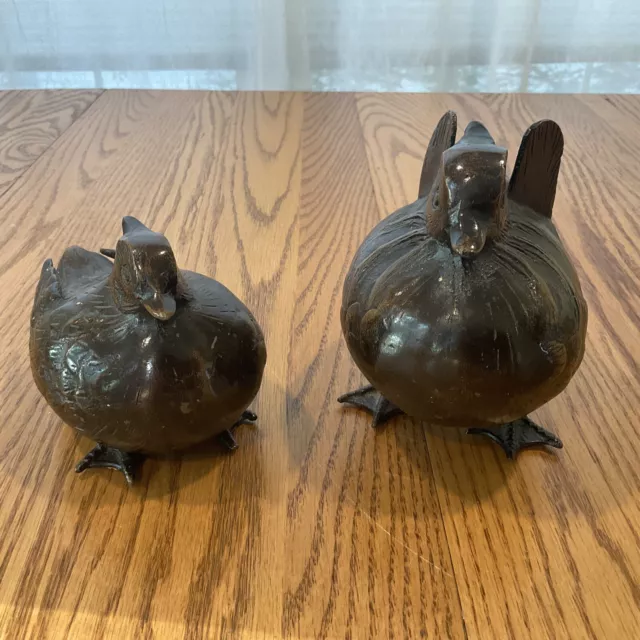 Metal Bird Duck Sculpture PAIR Japanese Vintage Antique BRONZE CAST IRON
