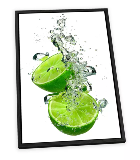 Lime Splash Slices Kitchen Green CANVAS FLOATER FRAME Wall Art Picture Print