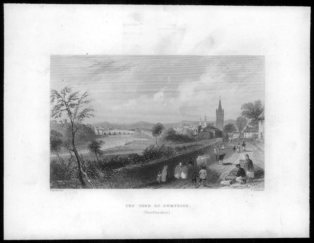 1840 Original Antique Print SCOTLAND - DUMFRIES Dumfriesshire Town (3CS-157)