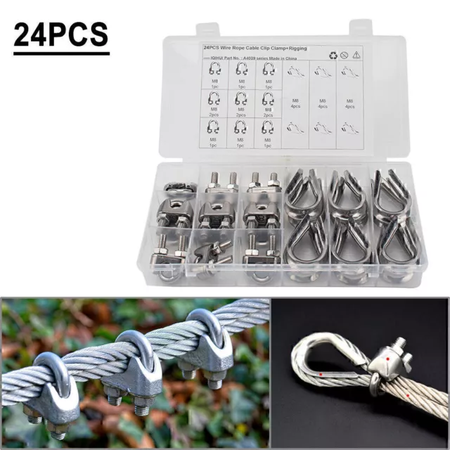 24 Pcs M8 304 Stainless Steel Wire Rope Fixed Clamps with Triangular Ring New