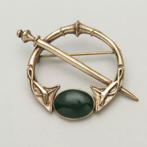 Irish Bronze Celtic Tara brooch with green stones