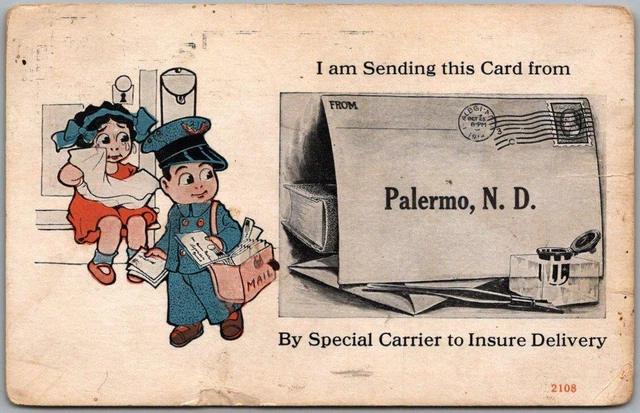 1916 PALERMO North Dakota Comic Greetings Postcard "I Am Sending this Card from"