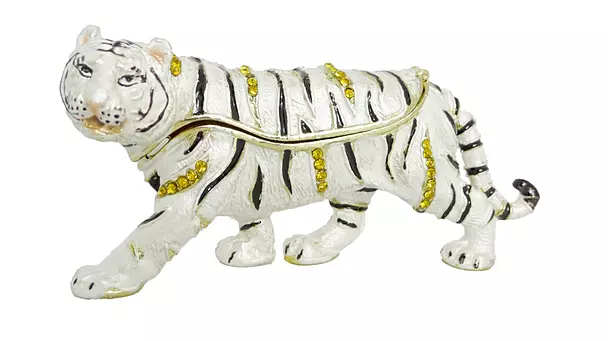 White Tiger Jeweled Pewter Trinket Box Wildlife