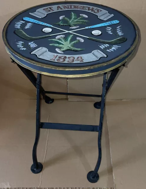 Stunning Iron Vintage Folding Bistro Side Table Hand Painted St Andrews Golf…