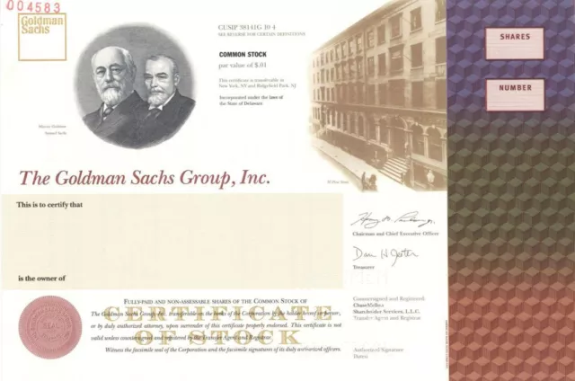 Goldman Sachs Group, Inc. - 1999 dated Specimen Stock Certificate - Fantastic De