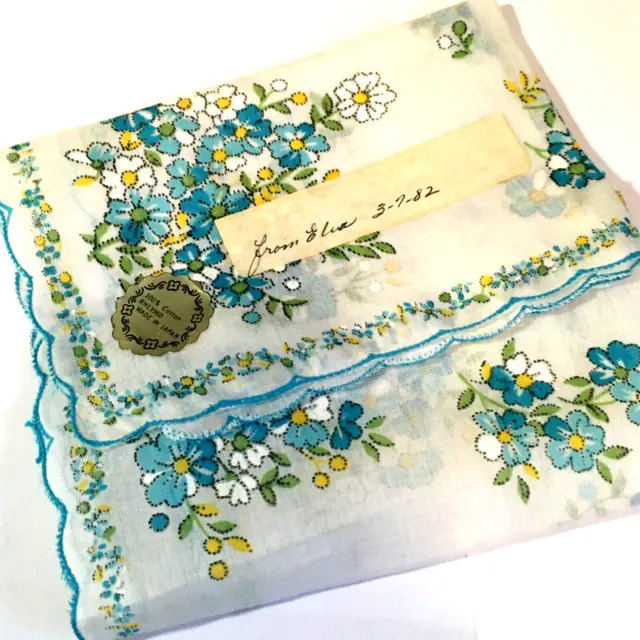 Vintage Tag Japan Unused Note Blue Floral Novelty Hanky Handerchief 12"