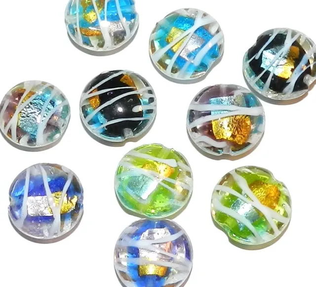 G2577 Assorted Mix w Gold & Silver Foil 16mm Round Coin Lampwork Glass Bead 10pc
