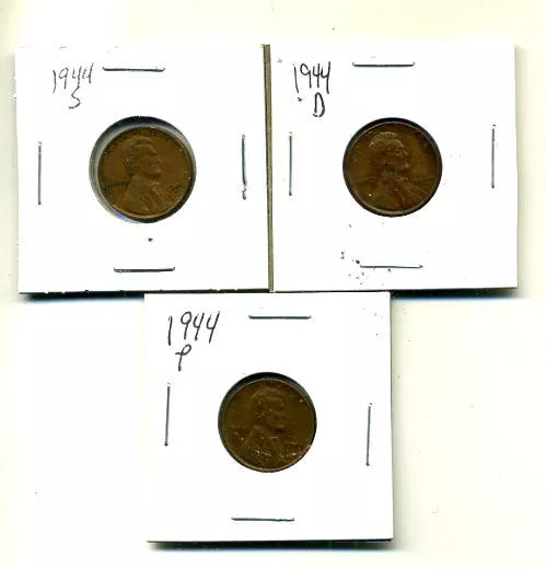 1944 P,D,S Wheat Pennies Lincoln Cents Circulated 2X2 Flips 3 Coin Pds Set#3530