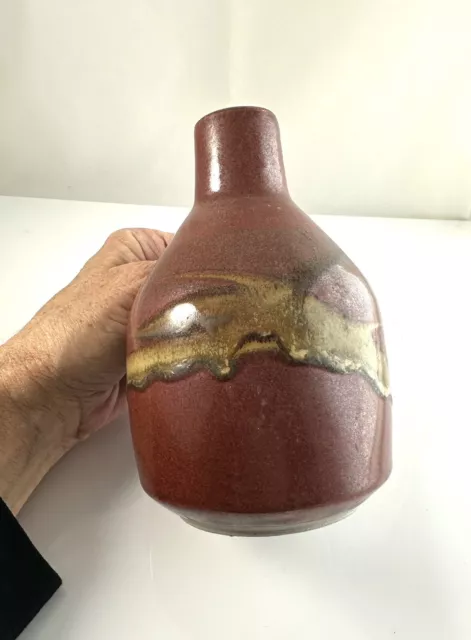 Studio Pottery Jug Pitcher marked Sid M, deep red with brown accent color, decor