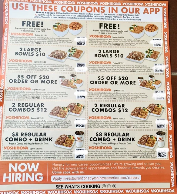 10 YOSHINOYA RESTAURANT Coupons 10/17/21 So Cal Only Asain Fast Food