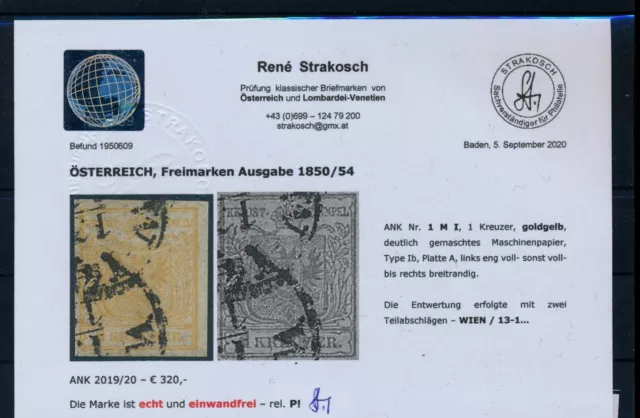 ÖSTERREICH 1850 1kr, GOLDGELB! Deuthlich gemaschtes Maschinenpapier, WIEN. Bef.