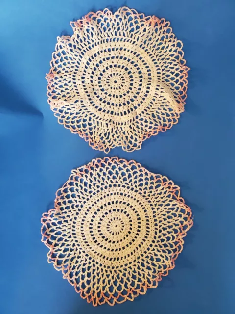 Lot of 2 - Vintage - 9.5" Round Handmade Crochet Doily Doilies White w/Pink Trim