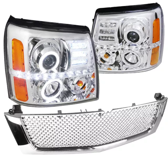 For 2002-2006 ESCALADE CHROME MESH HOOD GRILLE+LED HALO HEADLIGHTS