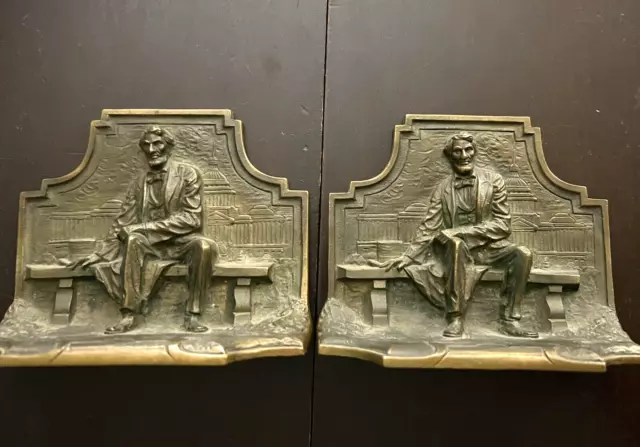 VTG Pair Solid Bronze Abraham Lincoln Bookends Seated In Front Of Capitol