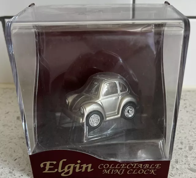 Elgin Collectible Mini Clock Volkswagen Beetle Car Gold Tone New in Box Vintage