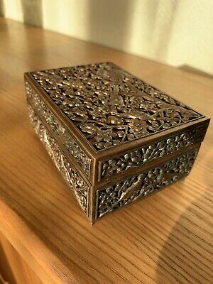 Old - Vintage- Antique,Redwood Box-with Metal Ornaments-Jewelry+ Free Shipping