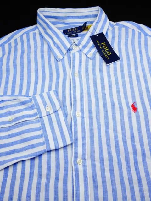 Polo Ralph Lauren 100% Linen Button Shirt -Xxl White Blue Stripe -Red Pony -Slim