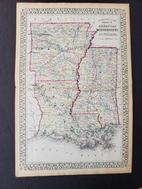 1872 Mitchell Atlas Map Louisiana Mississippi Arkansas - Genuine Antique