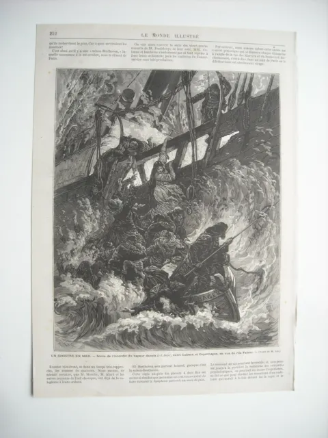 Gravure 1875. Sinistre En Mer. Scene De L’incendie Du Vapeur Danois L. J. Bajer,