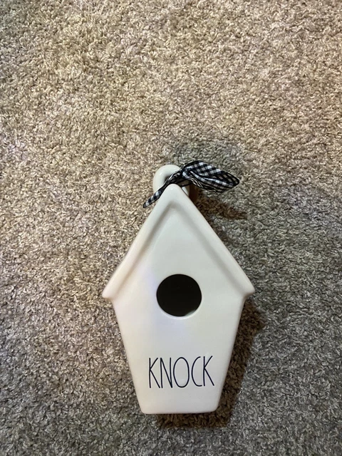 Ceramic Square Rae Dunn by Magenta " Knock" Ceramic Birdhouse Black White Ribbon
