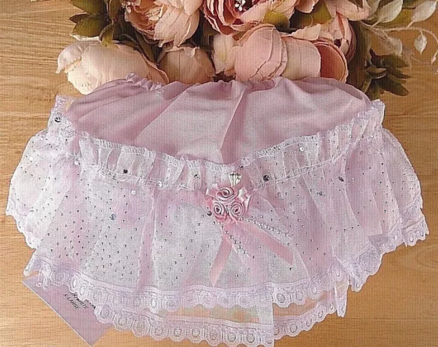 Baby Girl Frilly Panties Knickers Pink Organza Lace Flower Pearls 12 to 18m