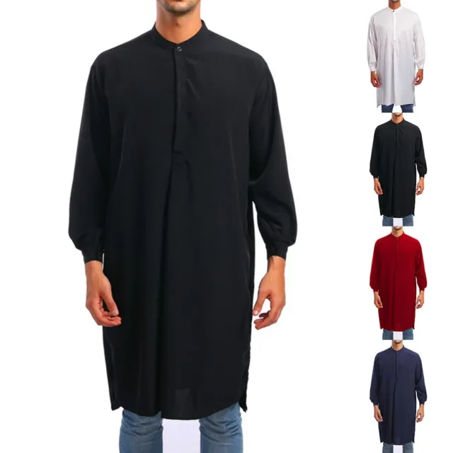 Abbigliamento musulmano uomo a maniche lunghe abito arabo in tinta unita per un look elegante