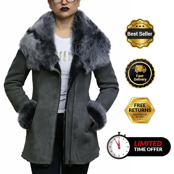 Women Spanish Merino Genuine Shearling Sheepskin Leather Coat Toscana Suede Grey