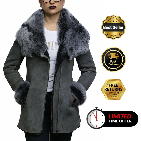 Women Spanish Merino Genuine Shearling Sheepskin Leather Coat Toscana Suede Grey Women Spanish Merino Genuine Shearling Sheepskin Leather Coat Toscana Suede Grey