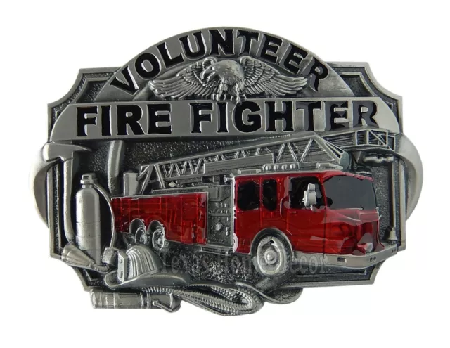 Volunteer Firefighter Truck Men's Belt Buckle Silver Tone Fit 1.5" Belts Enamel