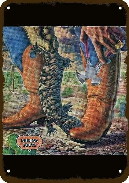 1982 NOCONA BOOTS Cowboy vs. Lizard Vintage Look DECORATIVE REPLICA METAL SIGN