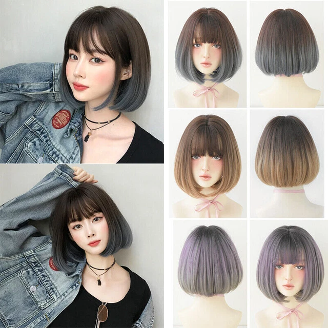 Womens Gradient Short Straight Hair Bob Wigs Air bangs Party Cosplay Full Wig I