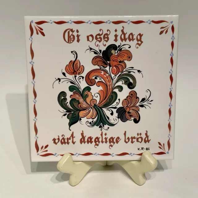 Vintage Norwegian Rosemaling Ceramic Tile Trivet Bergquist Imports Signed 6x6 3